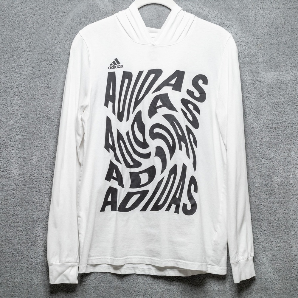 ADIDAS Warped Logo Graphic Long Sleeve Hooded Tee White Youth Boys Sz L 14/16